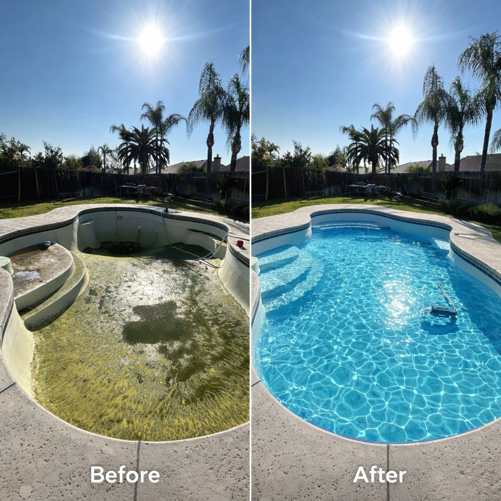 Before and after pool cleaning work